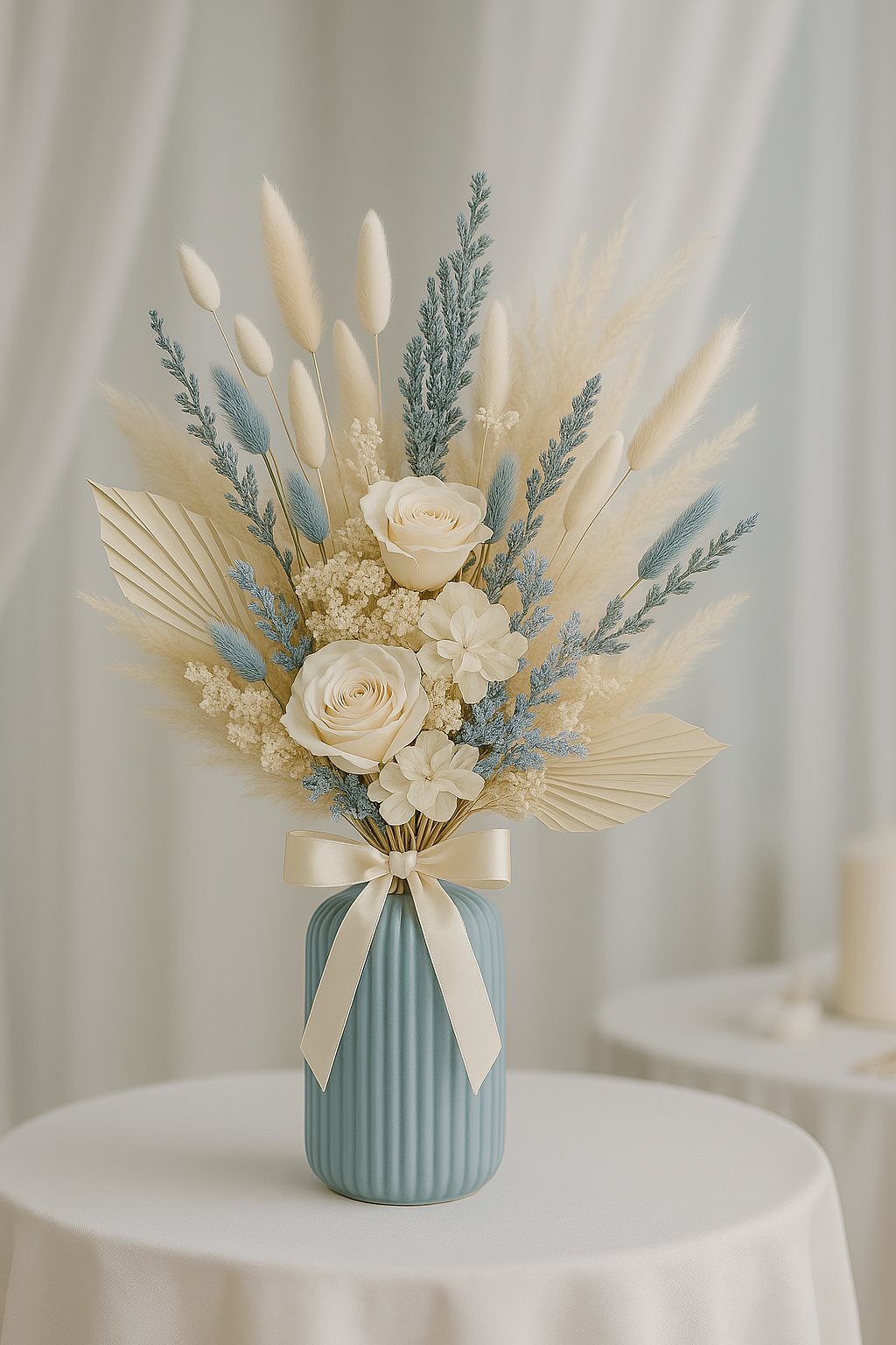 Trockenblumenstrauß „Blue Harmony“ | Boho Hochzeitsstrauß in Creme & Blau