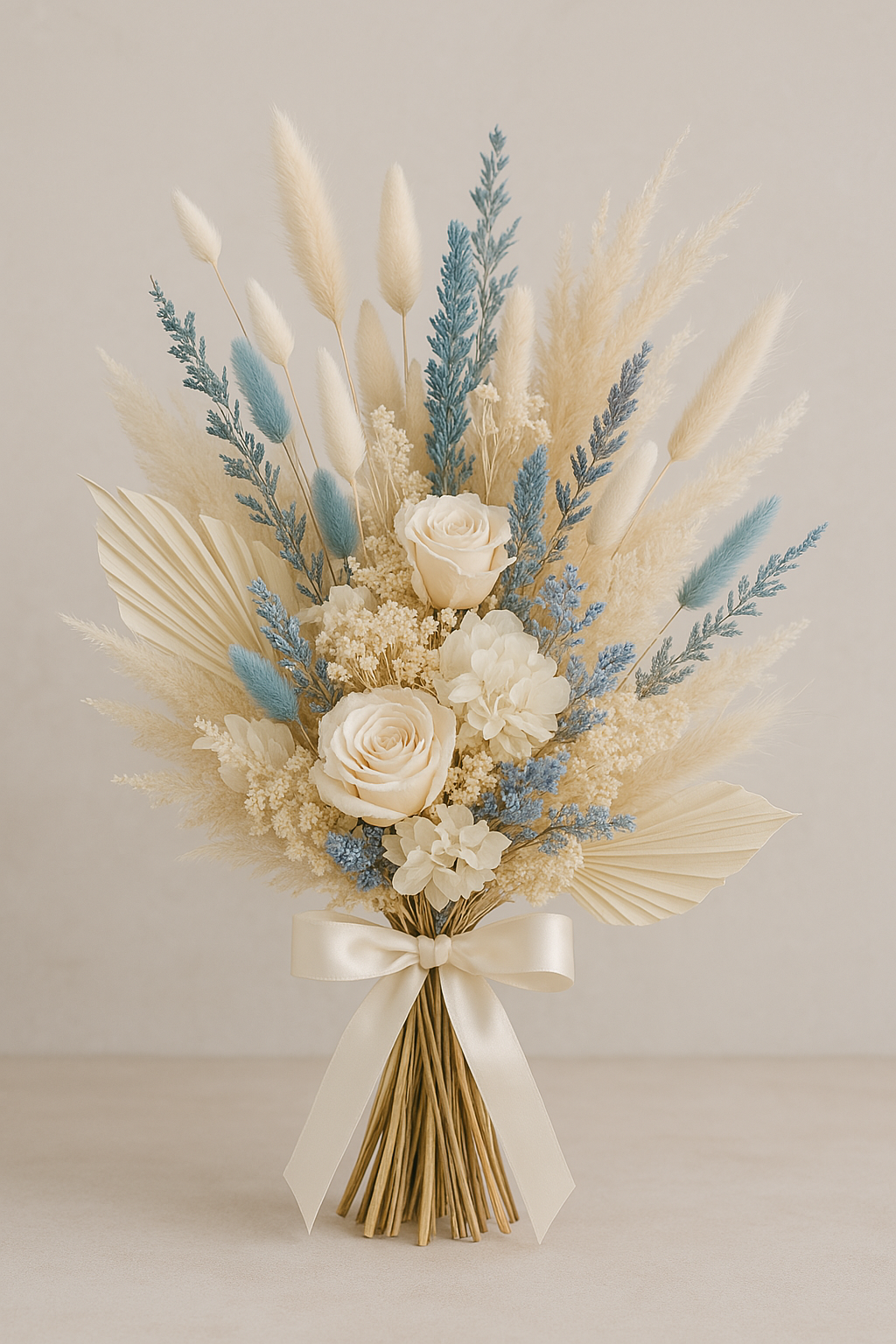 Trockenblumenstrauß „Blue Harmony“ | Boho Hochzeitsstrauß in Creme & Blau