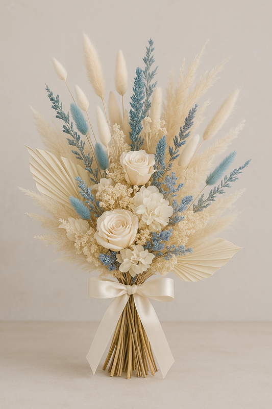 Trockenblumenstrauß „Blue Harmony“ | Boho Hochzeitsstrauß in Creme & Blau
