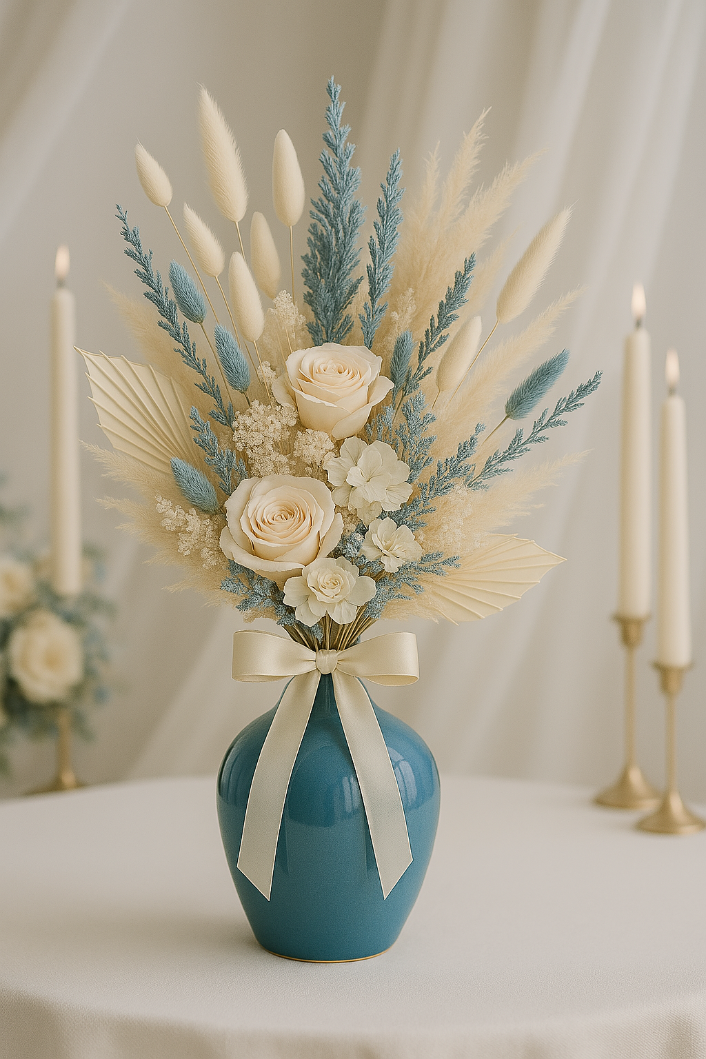 Trockenblumenstrauß „Blue Harmony“ | Boho Hochzeitsstrauß in Creme & Blau